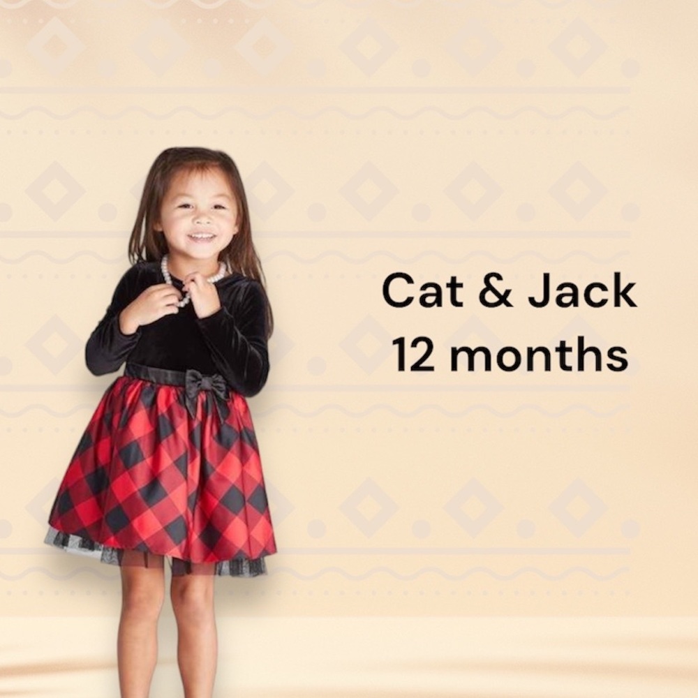 NWT Cat & Jack 12 months Velvet Velour Black & Red Plaid Dress